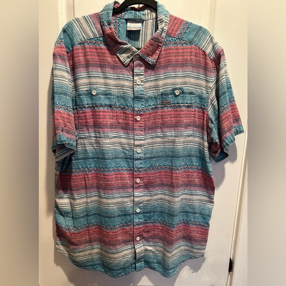 Columbia Men’s Casual Button-Down Shirt - Teal and Red Stripes